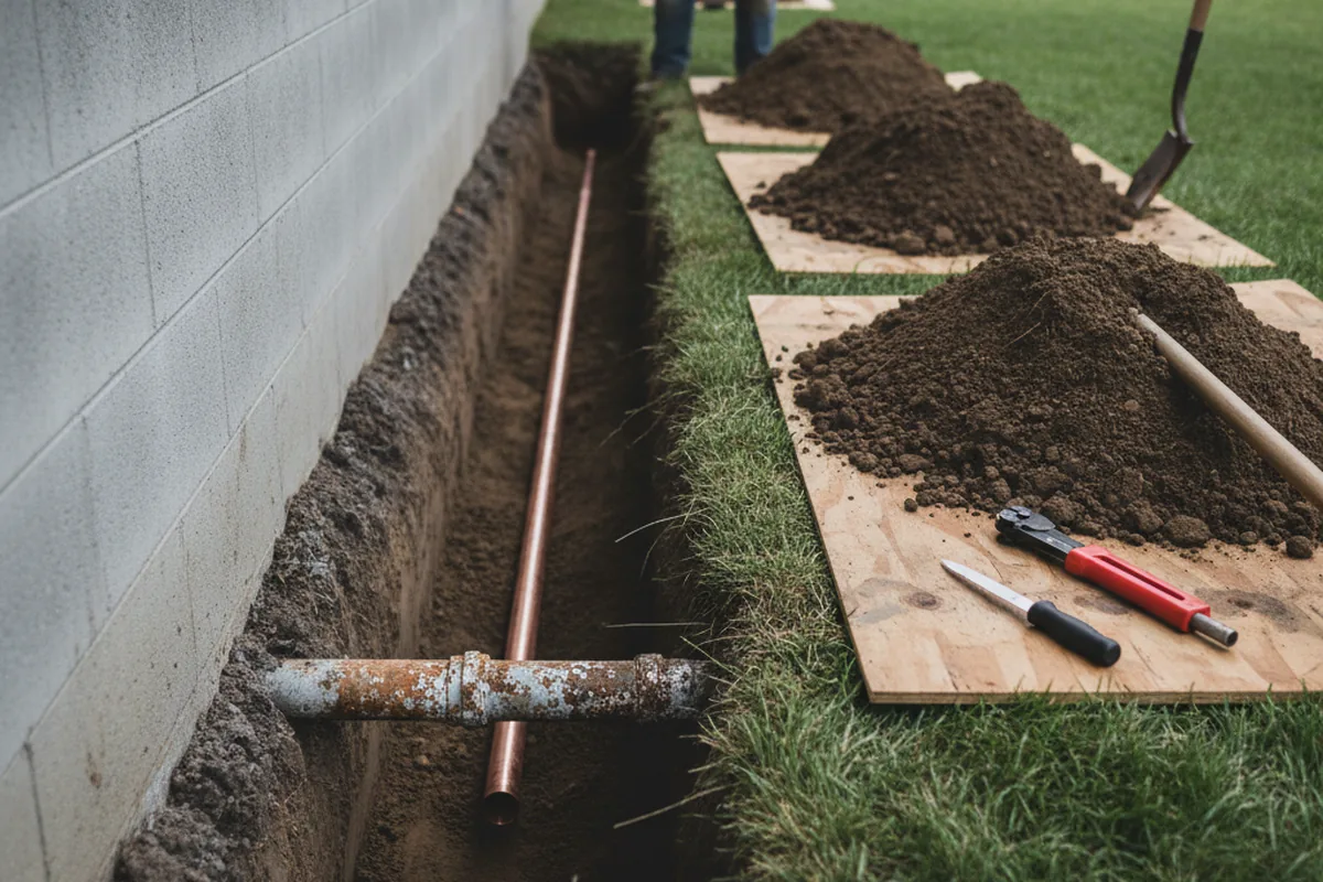 Excavated water line trench during Sewer Line Repair in Montevallo